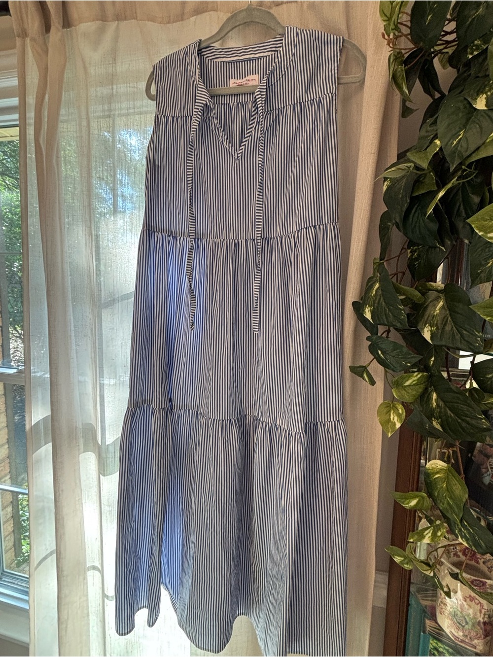 Striped Tie-Neck Midi Dress in Blue & White